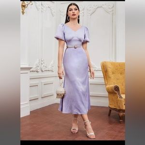 Lavender small Puff Sleeve Raw Trim Satin Dress Without Belt